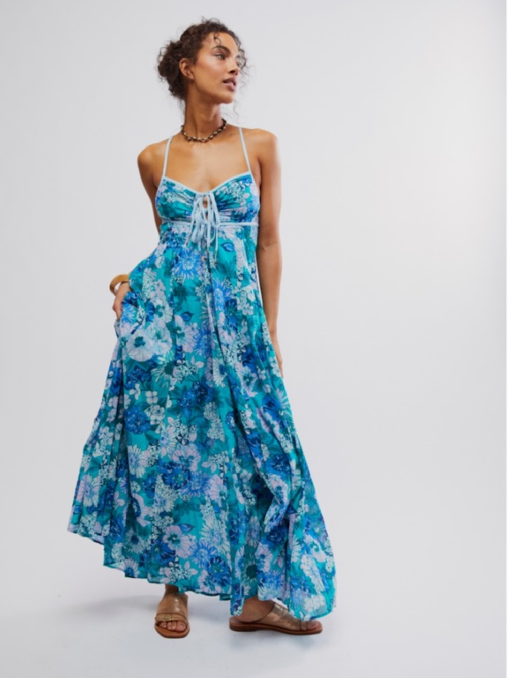 Free People Teal & Blue Floral Tie-Front Maxi Dress